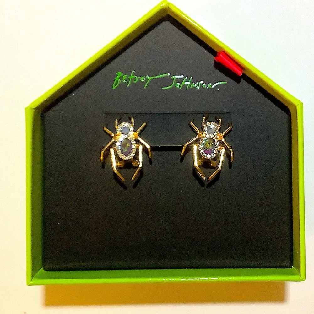 Betsey Johnson Halloween Crystal Spider Earrings New In Box